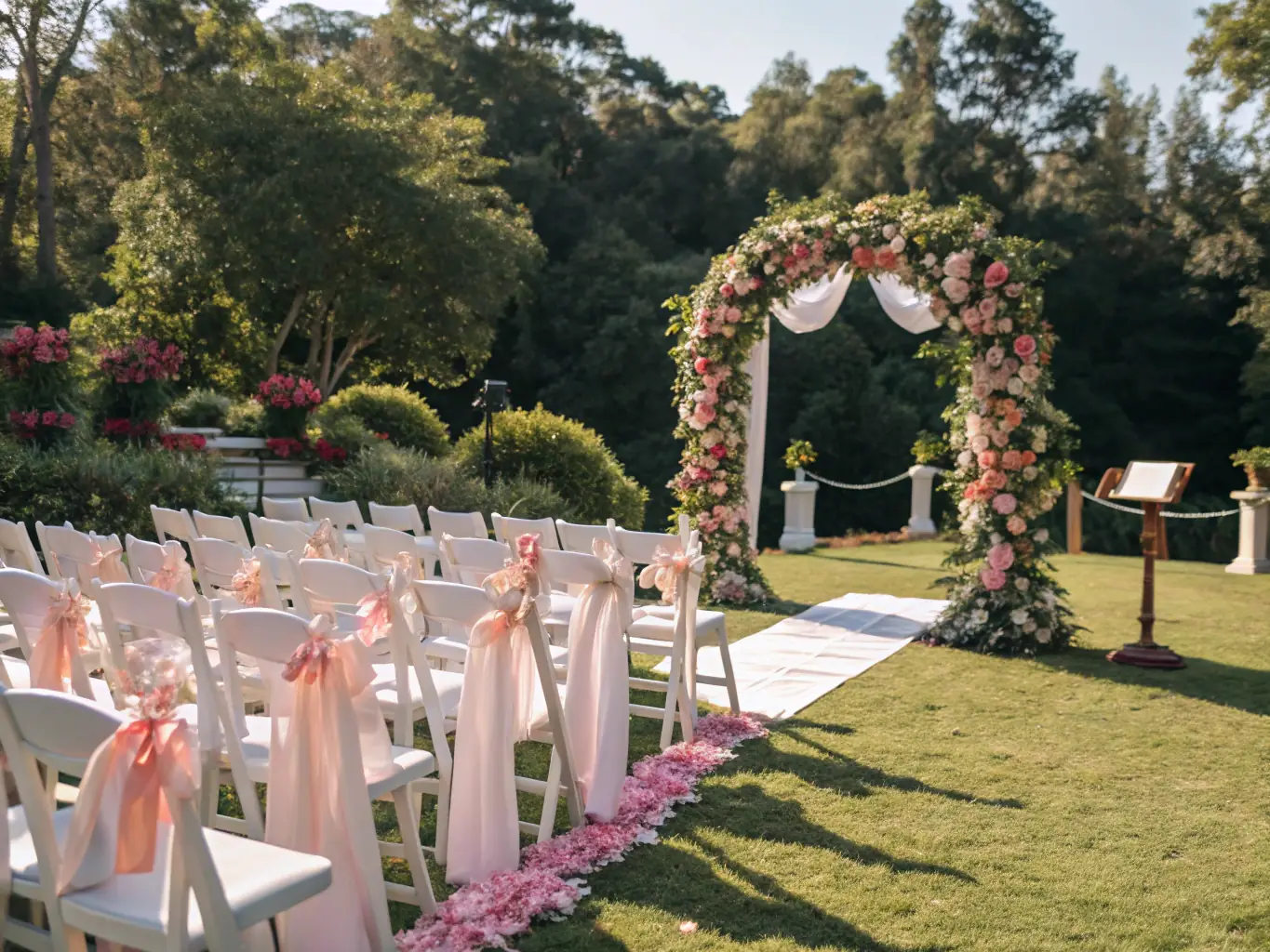 A spacious outdoor wedding setup with elegant seating and floral arrangements, highlighting Prime Event Designs' venue selection and management expertise.