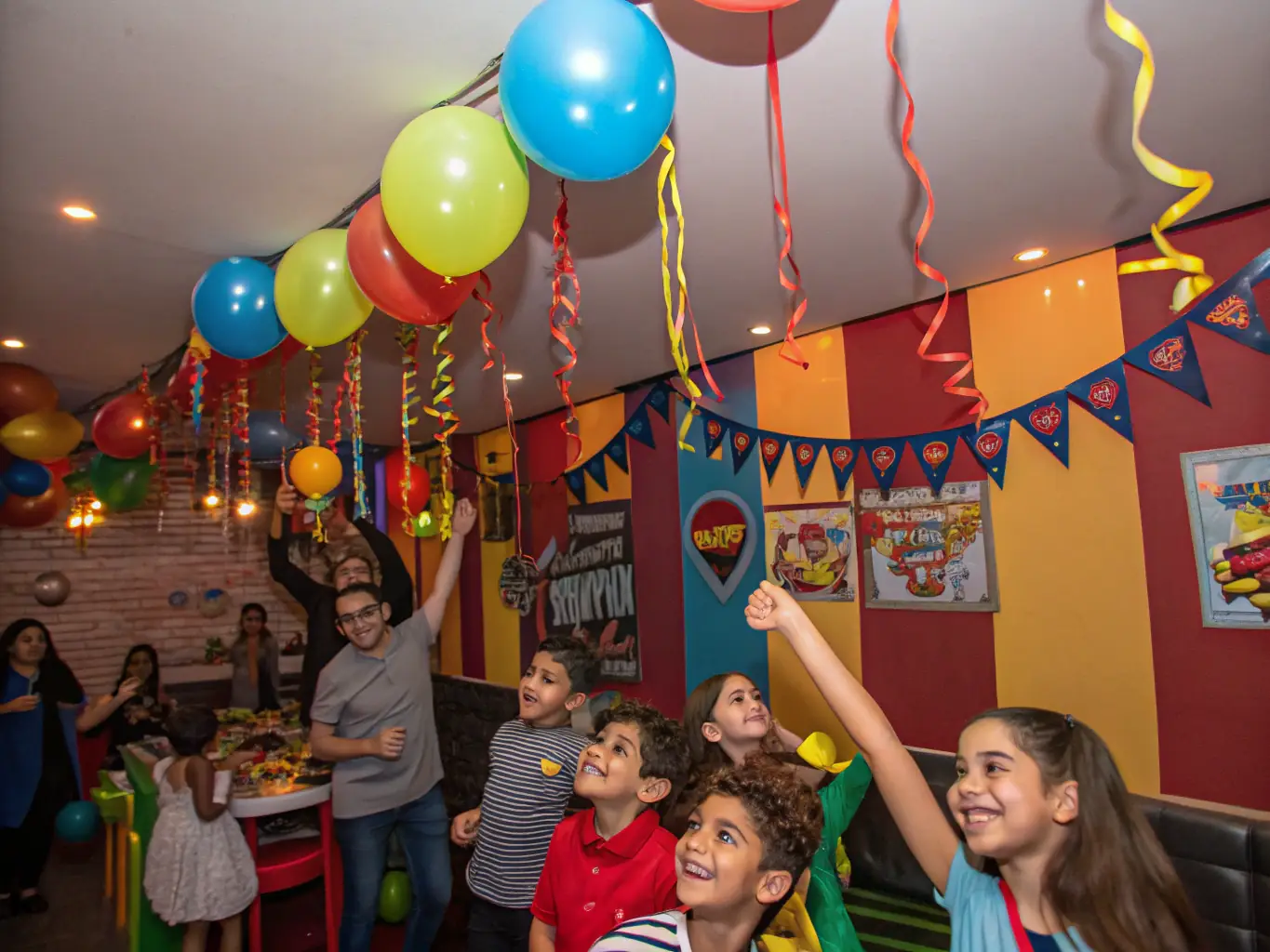 A vibrant birthday party setup with colorful balloons, themed decorations, and elegant lighting, showcasing Prime Event Designs' creative event design and decor services.