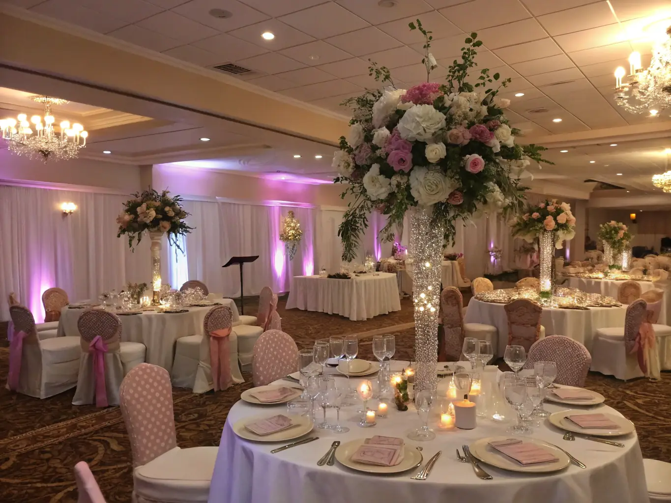 A beautifully decorated wedding reception with elegant floral arrangements and sophisticated table settings, capturing the essence of Prime Event Designs' event planning and coordination services.